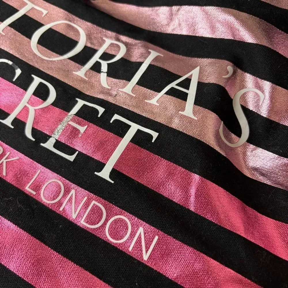 Victoria's Secret Black and Metallic Pink Striped Large Tote see pix for blemish